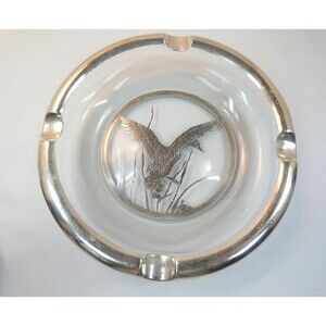 Vtg Sterling Silver Overlay On Crystal Ducks In Flight Ashtray Fine Detail